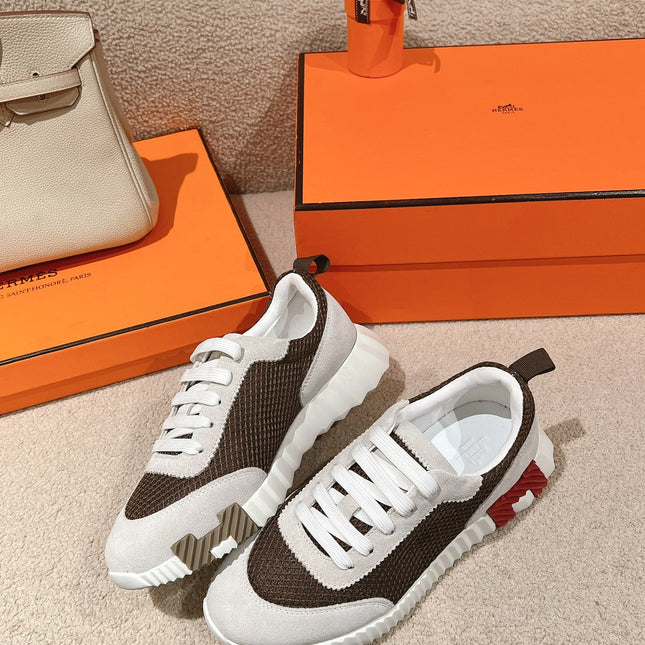 MAINLAND SNEAKER IN PALE GRAY SUEDE AND MOCHA BROWN BREATHABLE MESH FABRIC