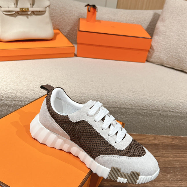 MAINLAND SNEAKER IN PALE GRAY SUEDE AND MOCHA BROWN BREATHABLE MESH FABRIC