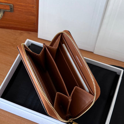 CELINE 25S TRIOMPHE COMPACT ZIPPED WALLET 11 IN BROWN CALFSKIN GOLD HARDWARE
