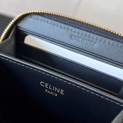 CELINE 25S TRIOMPHE COMPACT ZIPPED WALLET 11 IN BLACK CALFSKIN GOLD HARDWARE