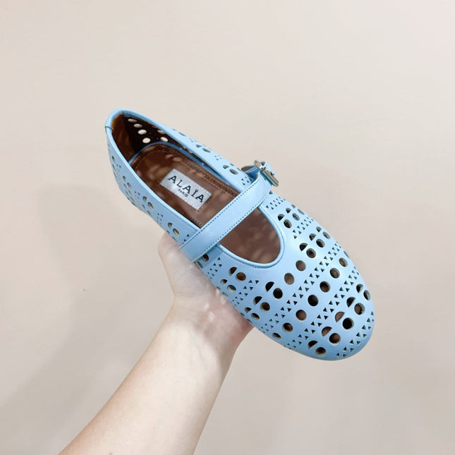 ALAIA HOLLOW BALLET FLAT IN SKY BLUE LAMBSKIN