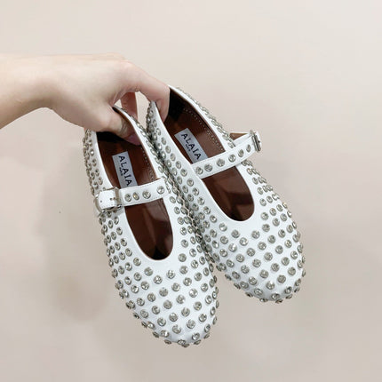 ALAIA MARY JANE SHOES IN WHITE LAMBKIN ATTACH RHINSTONES