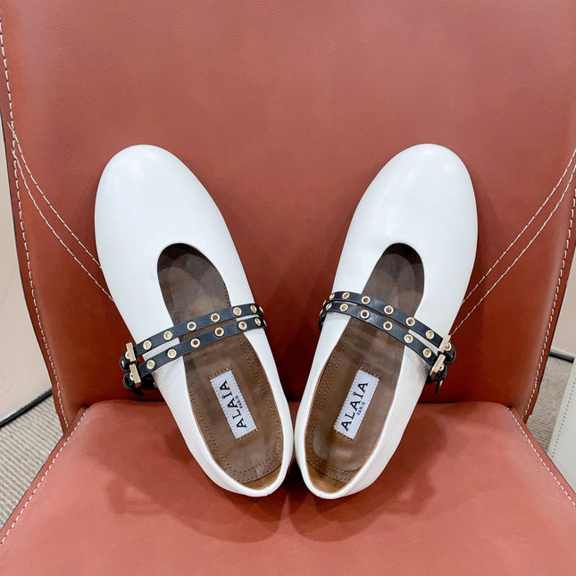 ALAIA MARY JANE SHOES IN WHITE LAMBSKIN WITH GOLD HARDWARE