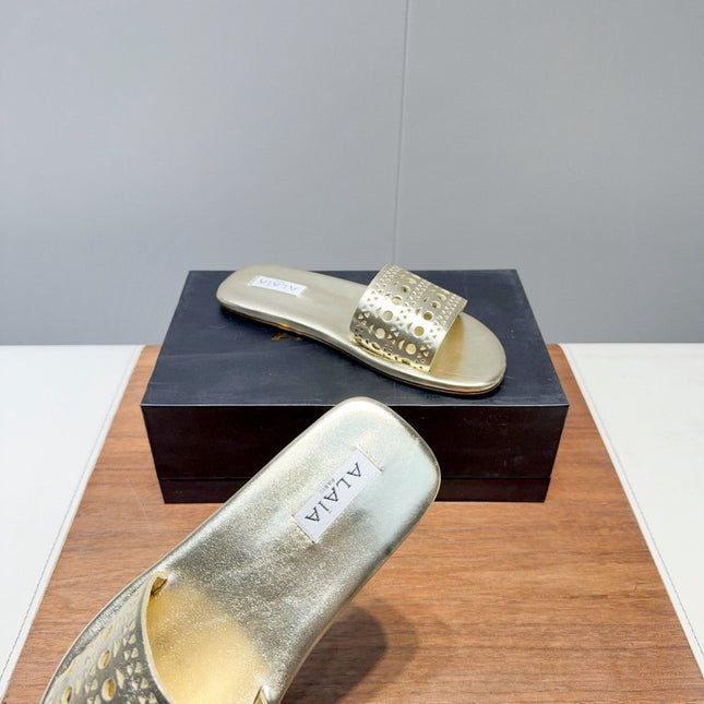 ALAIA FLAT SANDALS WITH PERFORATED STRAPS 25S IN GOLD LAMBSKIN