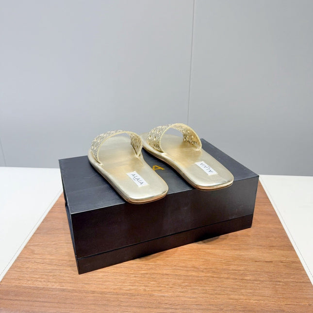 ALAIA FLAT SANDALS WITH PERFORATED STRAPS 25S IN GOLD LAMBSKIN