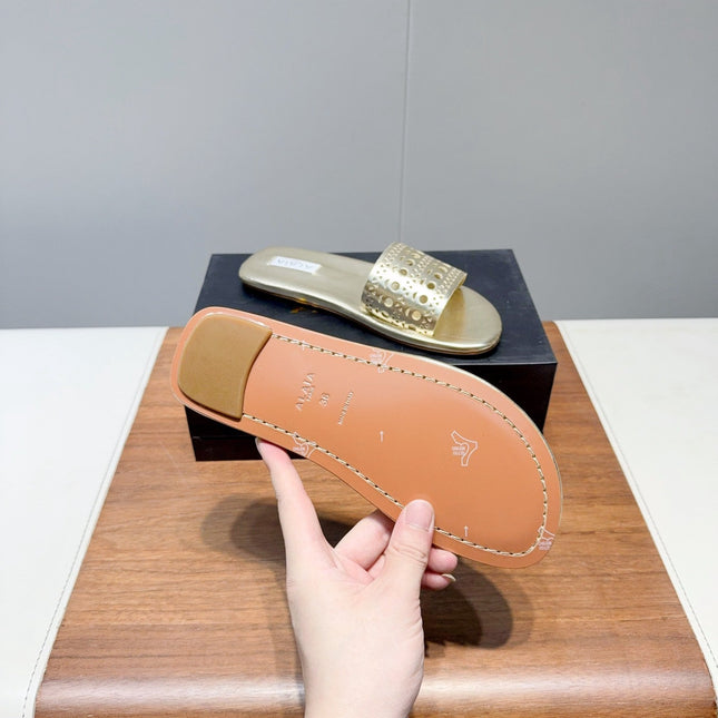 ALAIA FLAT SANDALS WITH PERFORATED STRAPS 25S IN GOLD LAMBSKIN