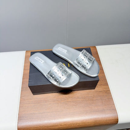 ALAIA FLAT SANDALS WITH PERFORATED STRAPS 25S IN SILVER LAMBSKIN