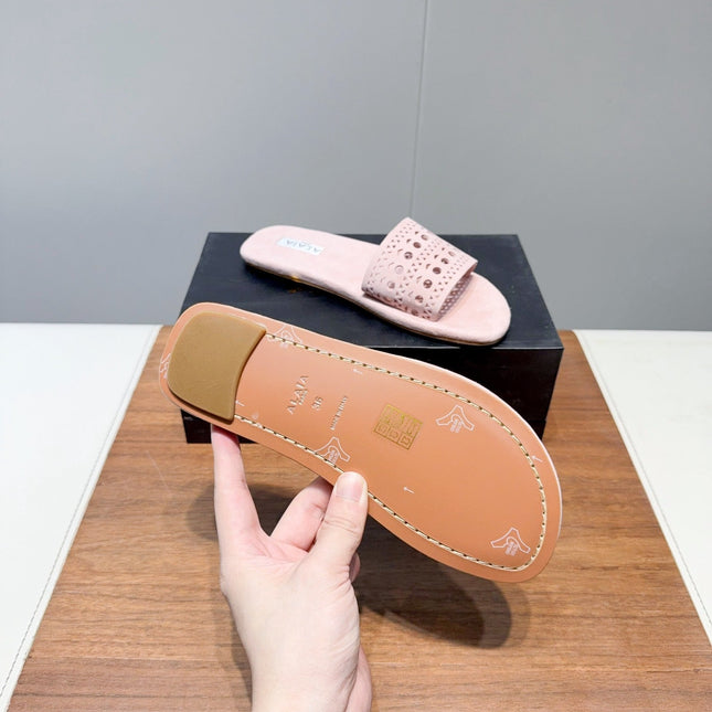 ALAIA FLAT SANDALS WITH PERFORATED STRAPS 25S IN LIGHT PINK SUEDE