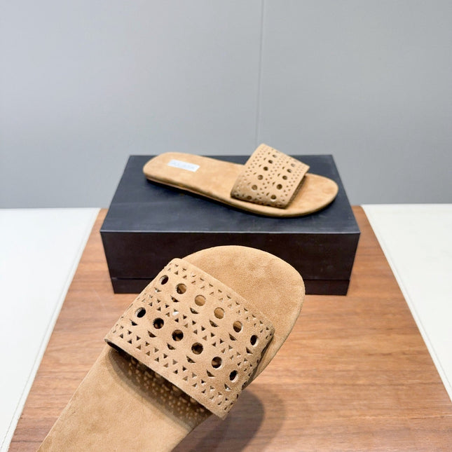 ALAIA FLAT SANDALS WITH PERFORATED STRAPS 25S IN BEIGE SUEDE