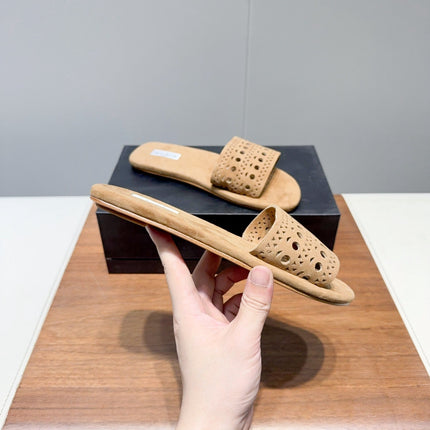 ALAIA FLAT SANDALS WITH PERFORATED STRAPS 25S IN BEIGE SUEDE