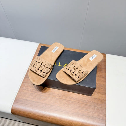 ALAIA FLAT SANDALS WITH PERFORATED STRAPS 25S IN BEIGE SUEDE