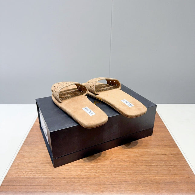 ALAIA FLAT SANDALS WITH PERFORATED STRAPS 25S IN BEIGE SUEDE