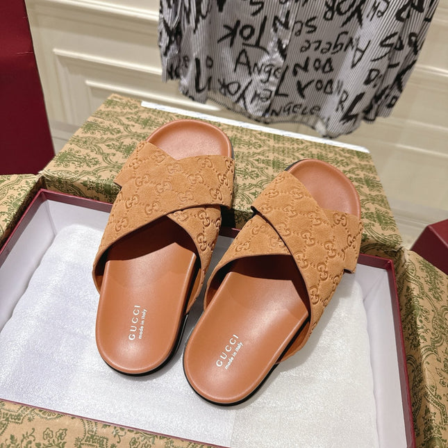 GG SLIDES IN BURNT ORANGE SUEDE WITH EMBOSSED LOGO STYLE 11