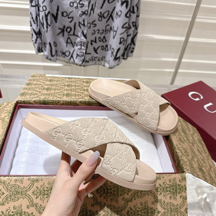 GG SLIDES IN NUDE BEIGE SUEDE WITH EMBOSSED LOGO STYLE 7