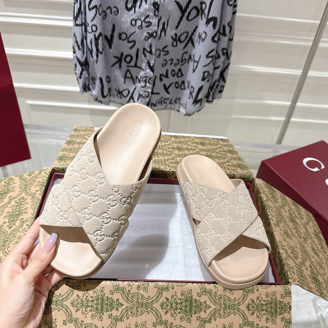 GG SLIDES IN NUDE BEIGE SUEDE WITH EMBOSSED LOGO STYLE 7