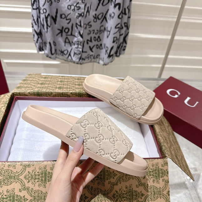 GG SLIDES IN NUDE BEIGE SUEDE WITH EMBOSSED LOGO STYLE 2