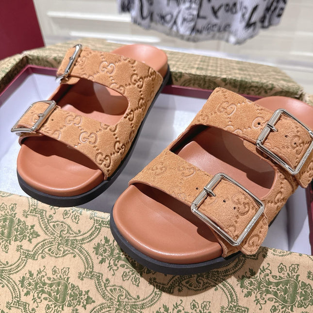 SANDALS IN BURNT ORANGE SUEDE EMBOSSED LOGO SILVER HARDWARE
