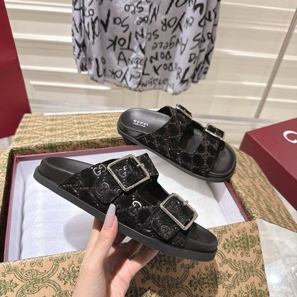 SANDALS IN BLACK SUEDE EMBOSSED LOGO SILVER HARDWARE