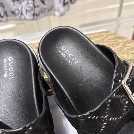 SANDALS IN BLACK SUEDE EMBOSSED LOGO SILVER HARDWARE