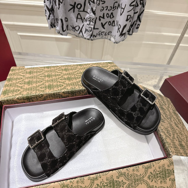 SANDALS IN BLACK SUEDE EMBOSSED LOGO SILVER HARDWARE