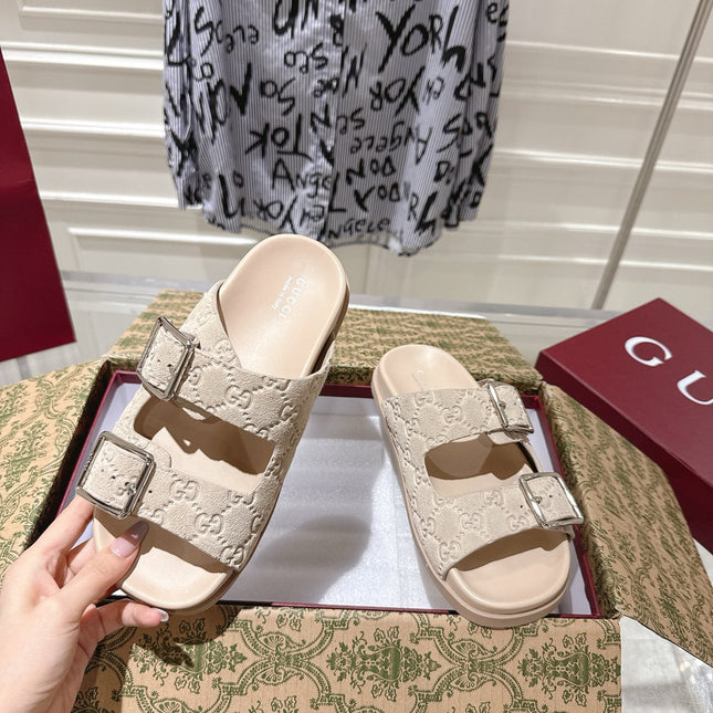 SANDALS IN NUDE BEIGE SUEDE EMBOSSED LOGO SILVER HARDWARE