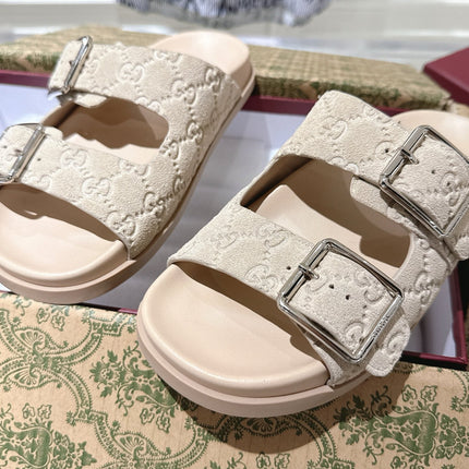 SANDALS IN NUDE BEIGE SUEDE EMBOSSED LOGO SILVER HARDWARE