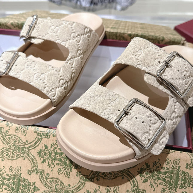 SANDALS IN NUDE BEIGE SUEDE EMBOSSED LOGO SILVER HARDWARE