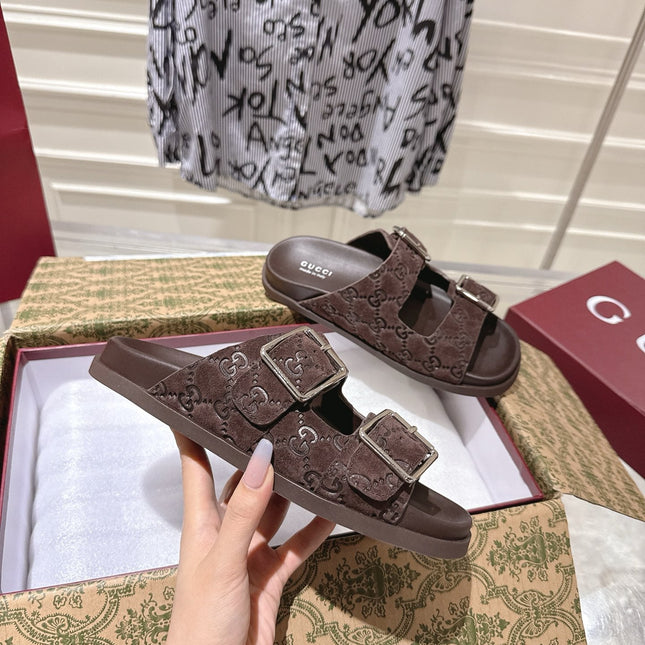 SANDALS IN NAVY BROWN SUEDE EMBOSSED LOGO SILVER HARDWARE