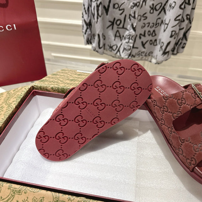 SANDALS IN NAVY RED SUEDE EMBOSSED LOGO SILVER HARDWARE