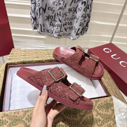 SANDALS IN NAVY RED SUEDE EMBOSSED LOGO SILVER HARDWARE