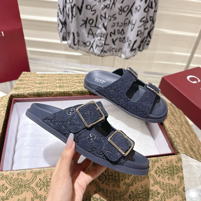 SANDALS IN NAVY BLUE SUEDE EMBOSSED LOGO SILVER HARDWARE