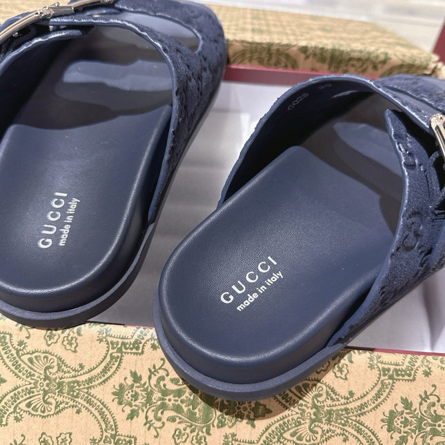 SANDALS IN NAVY BLUE SUEDE EMBOSSED LOGO SILVER HARDWARE