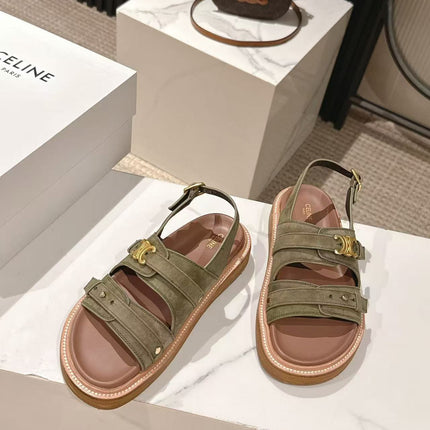 CELINE 25S TIPPI TRIOMPHE SANDAL IN DARK OLIVE CALFSKIN SUEDE