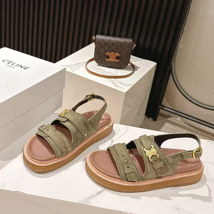 CELINE 25S TIPPI TRIOMPHE SANDAL IN DARK OLIVE CALFSKIN SUEDE