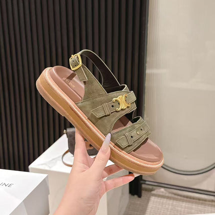 CELINE 25S TIPPI TRIOMPHE SANDAL IN DARK OLIVE CALFSKIN SUEDE