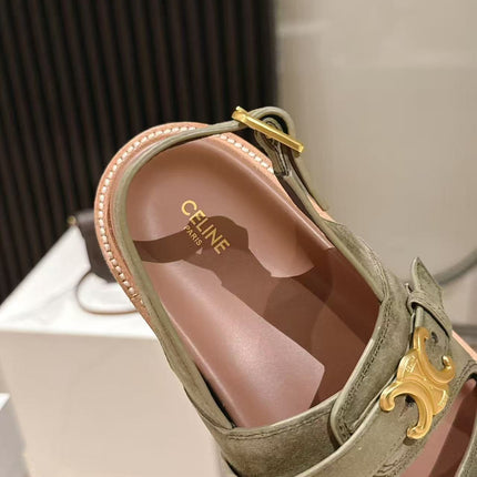 CELINE 25S TIPPI TRIOMPHE SANDAL IN DARK OLIVE CALFSKIN SUEDE