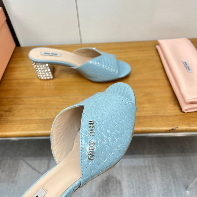 JEWELLED HEEL 55 MULE SANDALS IN LIGHT BLUE CALFSKIN