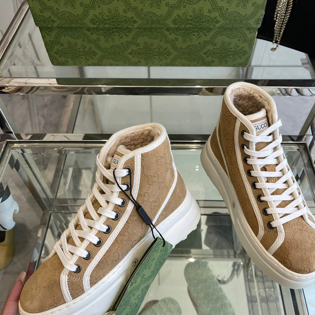 GG HIGH TOP SNEAKER IN CAMEL BROWN CANVAS WITH BEIGE FLEECE LINING