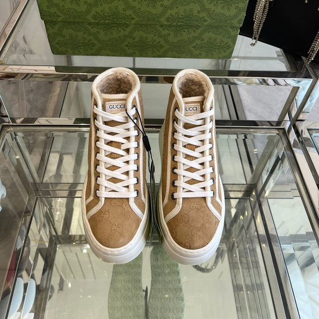 GG HIGH TOP SNEAKER IN CAMEL BROWN CANVAS WITH BEIGE FLEECE LINING