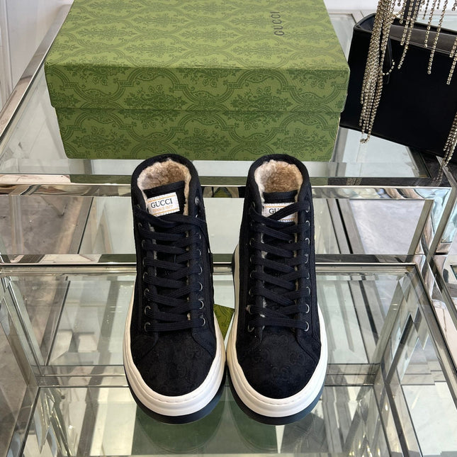 GG HIGH TOP SNEAKER IN BLACK CANVAS WITH BEIGE FLEECE LINING