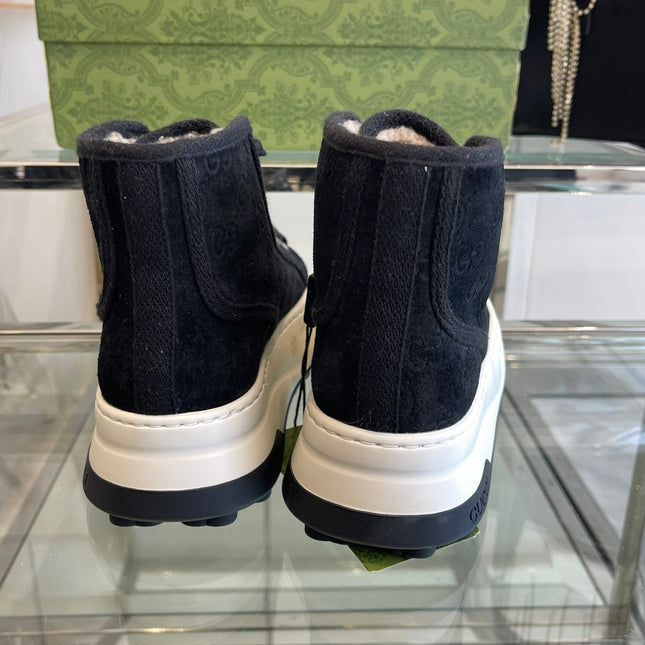 GG HIGH TOP SNEAKER IN BLACK CANVAS WITH BEIGE FLEECE LINING