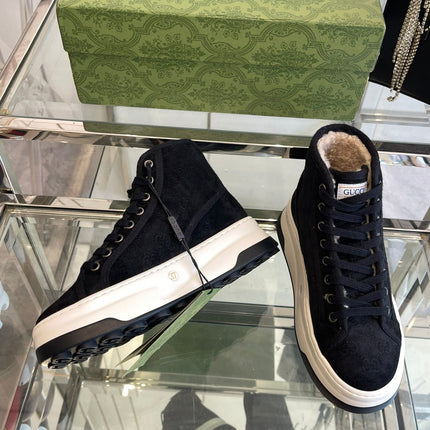 GG HIGH TOP SNEAKER IN BLACK CANVAS WITH BEIGE FLEECE LINING