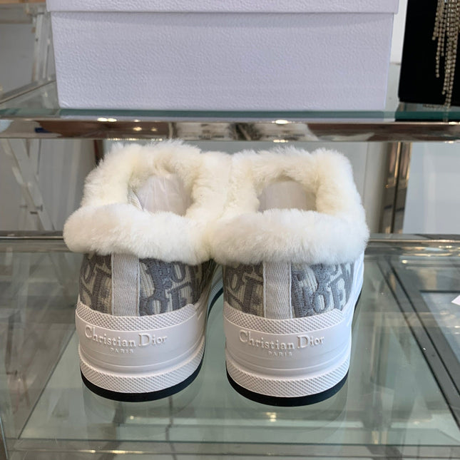 ALK'N PLATFORM SNEAKER PALE GRAY COTTON EMBROIDERED WITH OBLIQUE MOTIF AND WHITE SHEARLING