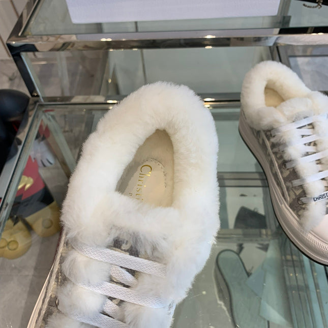 ALK'N PLATFORM SNEAKER PALE GRAY COTTON EMBROIDERED WITH OBLIQUE MOTIF AND WHITE SHEARLING
