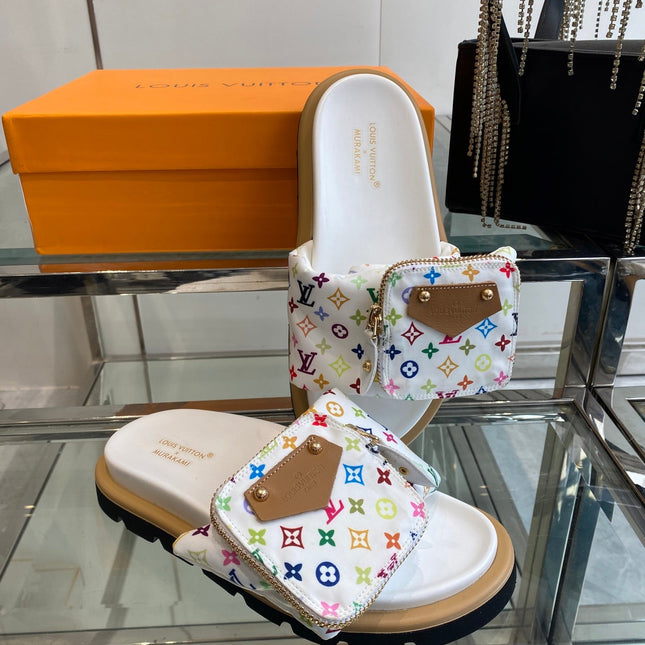 LV x TAKASHI MURAKAMI SLIDES IN MULTICOLOR FABRIC WITH ZIP POCKET STRAP