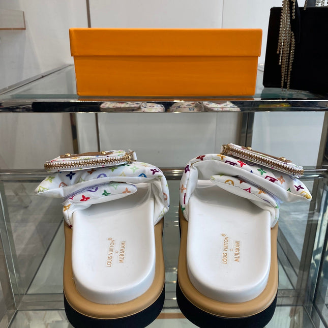 LV x TAKASHI MURAKAMI SLIDES IN MULTICOLOR FABRIC WITH ZIP POCKET STRAP