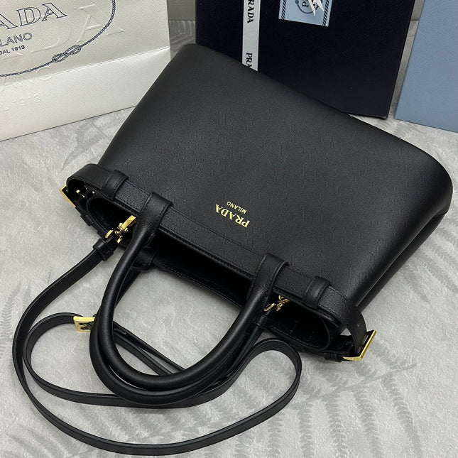 PRADA 25S BUCKLE MEDIUM HANDBAG 28 IN BLACK CALFSKIN GOLD HARDWRE