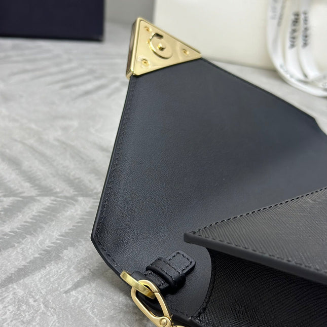 PRADA 25S SAFFIANO SHOULDER BAG 21 IN BLACK CALFSKIN GOLD HARDWARE