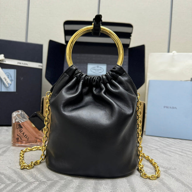 MINI BUCKET BAG 19 IN BLACK SOFT NAPPA LAMBSKIN GOLD HARDWARE