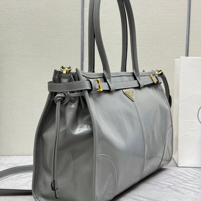 PRADA 25S BONNIE LARGE HANDBAG 38 IN GRAY GLOSSY CALFSKIN GOLD HARDWRE